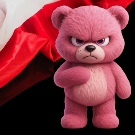 Pluszowy miś na czarnym tle, w rogu widać polską flagę 