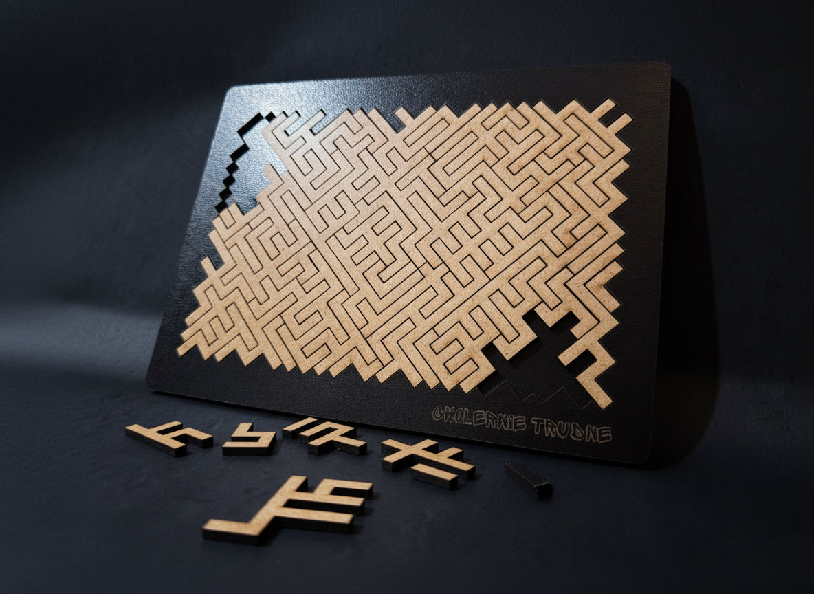 puzzle ze sklejki, w czarnym obramowaniu, puzzle typu labirynt w nieregularnych kształtach, polska produkcja, jakościowo wykonane